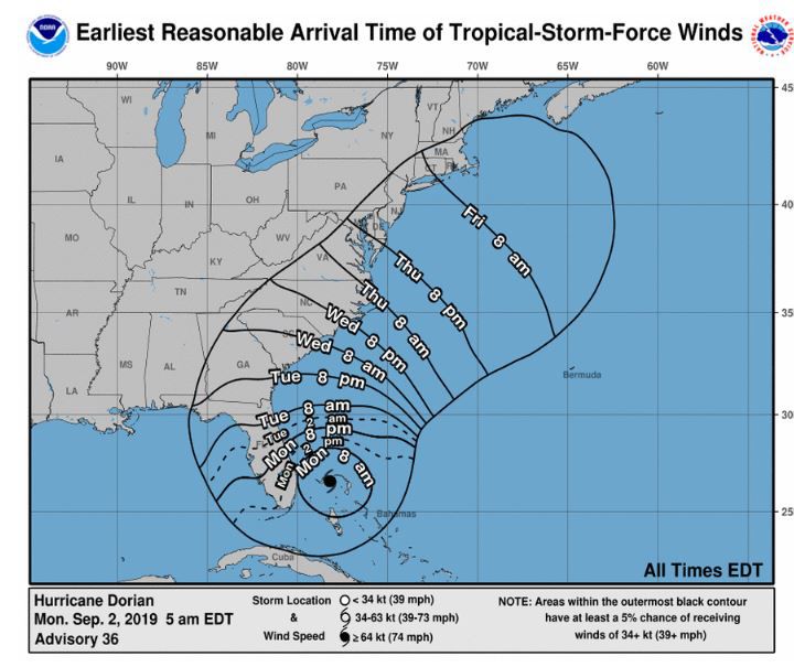 5 am Monday earliest reasonable arrival time of Tropical-Storm-Force-Winds